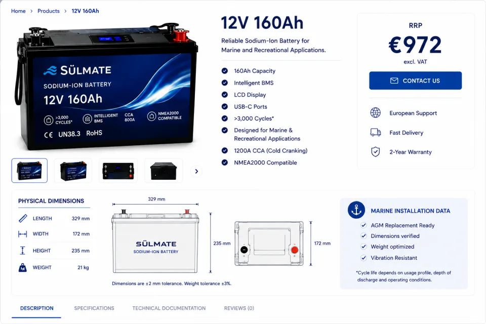 Sůlmate 12 V 160 Ah – batteria agli ioni di sodio