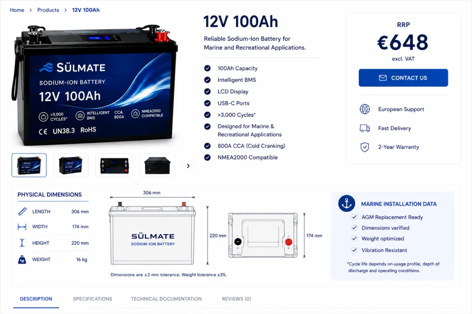 Sůlmate 12 V 100 Ah – batteria agli ioni di sodio